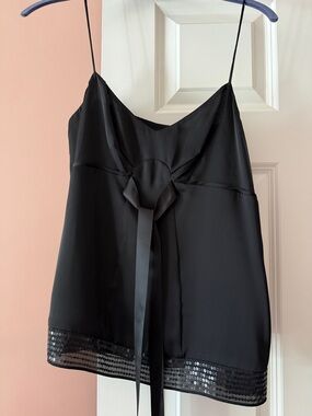 LOFT Black Satin Tie-Front Spaghetti Strap Cami with Sequin Hem